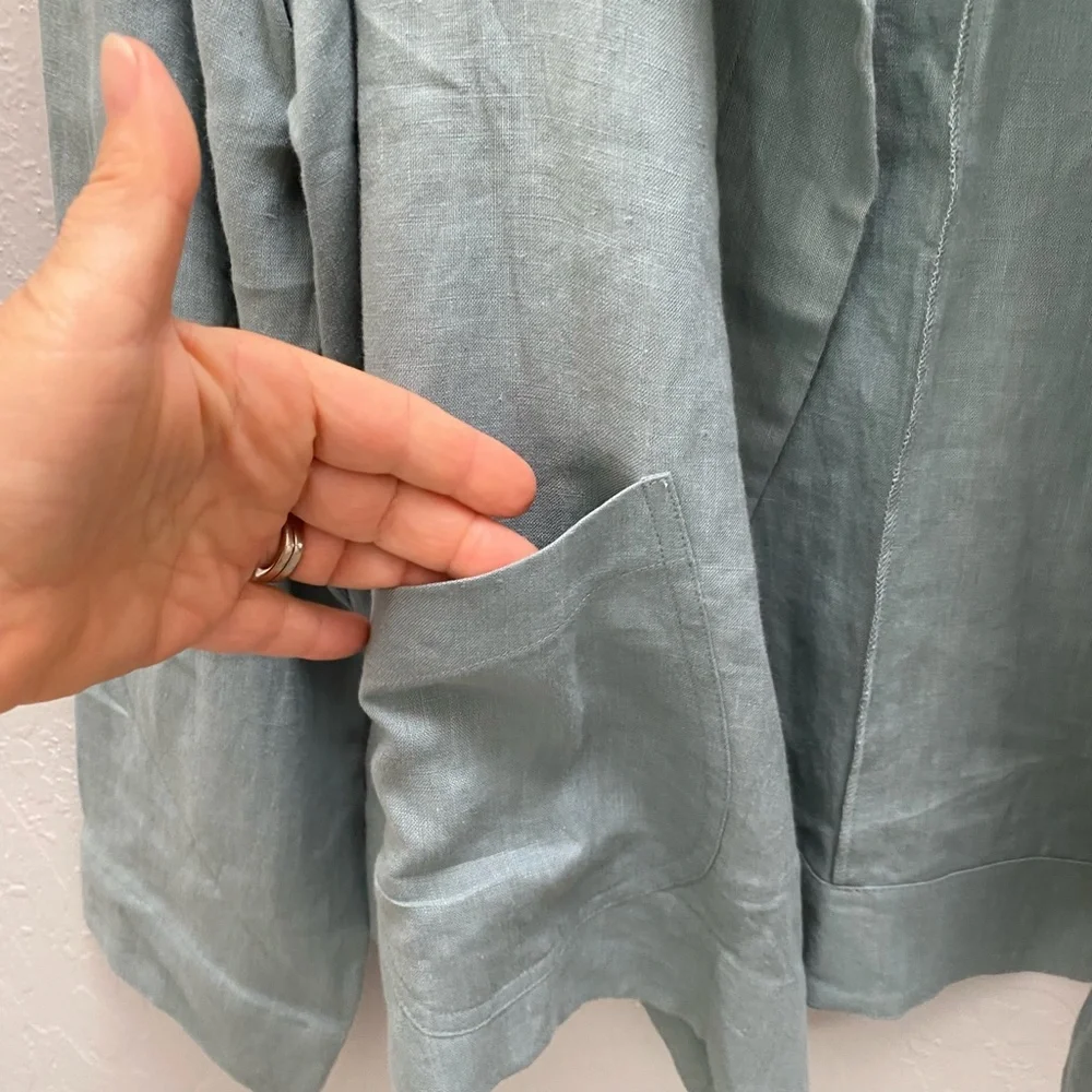 Eileen Fisher Funnel Neck Jacket Spring Linen Petite Small Tarragon Blue Green - Picture 9 of 15